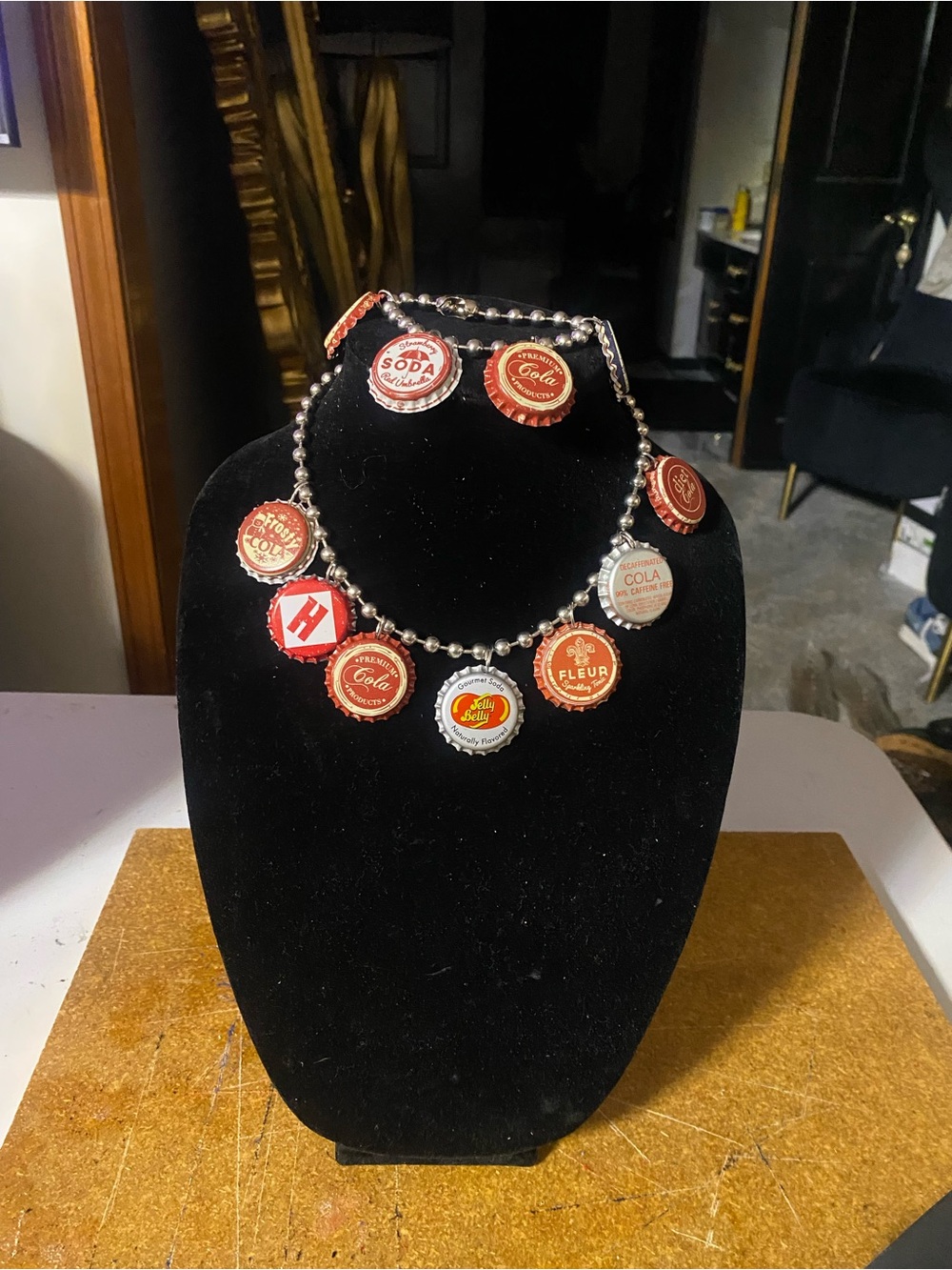 Vintage Red Bottle Cap Charm Necklace and bracelet set.